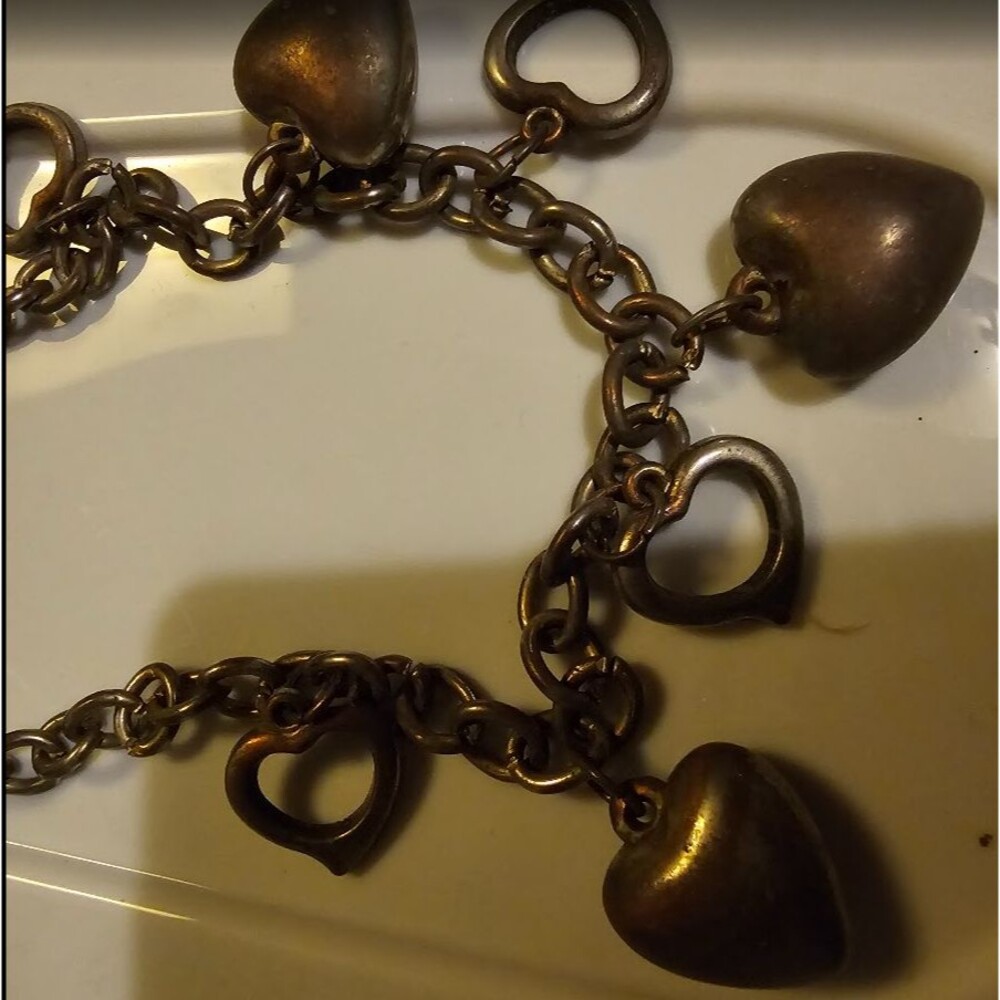 Chain type bracelet with Puffy and hollow hearts 8" Brass Silver type